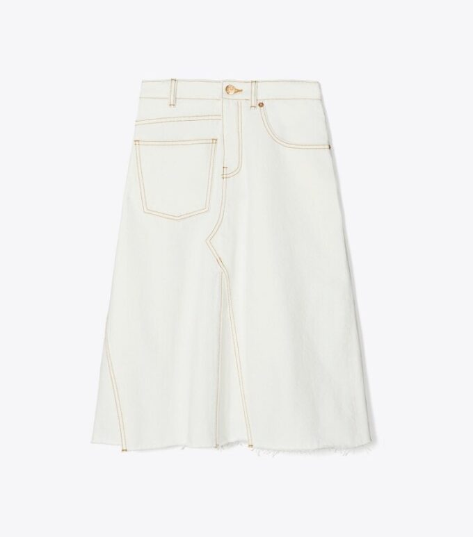 Denimkjol i dekonstruerad stil