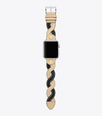 Flätat armband för Apple Watch®, krämfärgat/svart läder, 38 mm – 40 mm