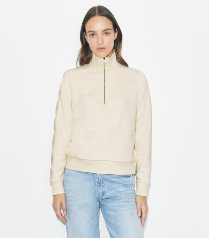 French Terry-tröja med logotyp på ärmen och halv dragkedja French Terry-tröja med logotyp på ärmen och halv dragkedja