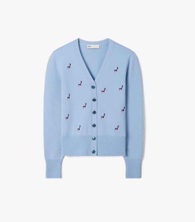 Kashmircardigan med broderad fågel