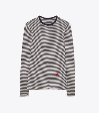 Randig långärmad T-shirt i tunn ribbstickad trikå Randig långärmad T-shirt i tunn ribbstickad trikå