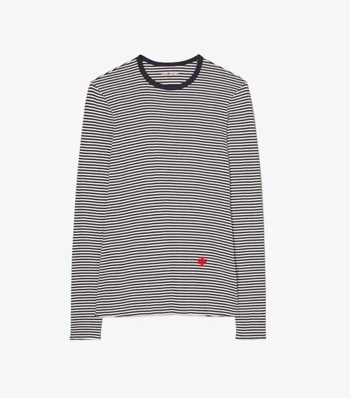 Randig långärmad T-shirt i tunn ribbstickad trikå Randig långärmad T-shirt i tunn ribbstickad trikå