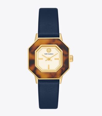 Sawyer Octagonal Watch, marinblått läder/guldfärgat rostfritt stål, 28 x 32 mm