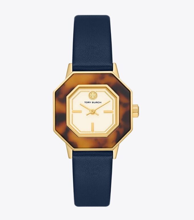 Sawyer Octagonal Watch, marinblått läder/guldfärgat rostfritt stål, 28 x 32 mm Sawyer Octagonal Watch, marinblått läder/guldfärgat rostfritt stål, 28 x 32 mm