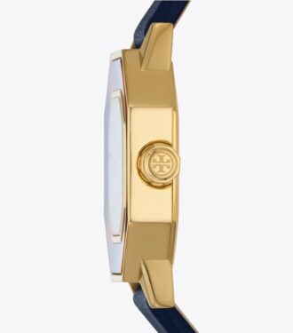 Sawyer Octagonal Watch, marinblått läder/guldfärgat rostfritt stål, 28 x 32 mm
