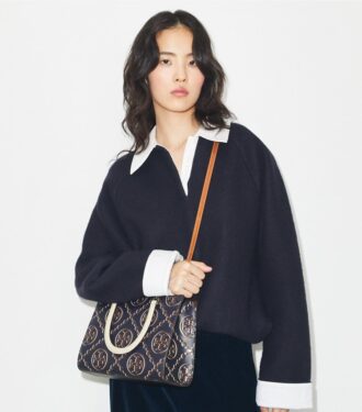T Monogram Contrast Embossed Top-Handle Tote