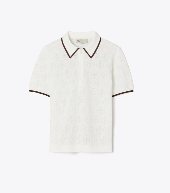 T Monogram Cotton Pointelle Zip Polo