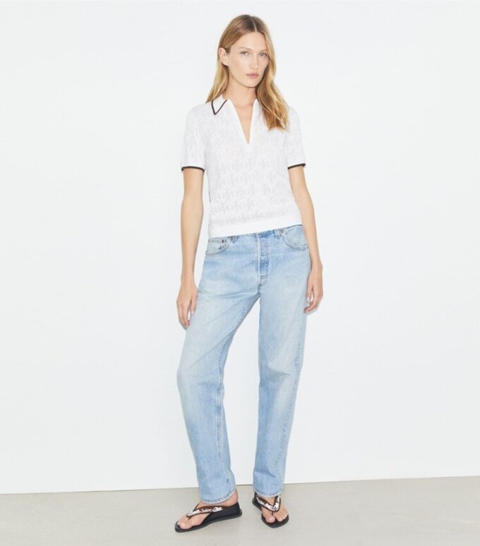 T Monogram Cotton Pointelle Zip Polo