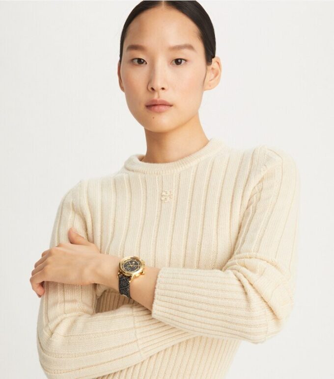 T Monogram Tory Watch, läder/guldfärgat rostfritt stål