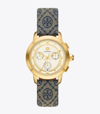 T Monogram Tory Watch, marinblå/guldfärgat rostfritt stål, 37 x 37 mm