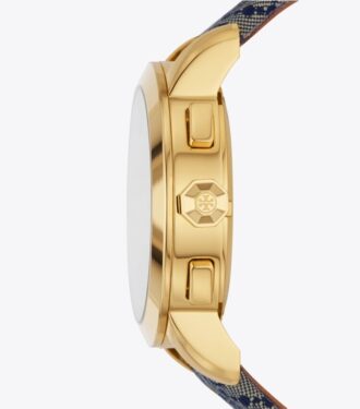 T Monogram Tory Watch, marinblå/guldfärgat rostfritt stål, 37 x 37 mm