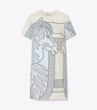 T-shirtklänning med tryckt silkesframsida