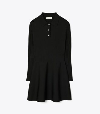 Teknisk stickad långärmad minipoloklänning