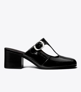Violett mule med T-rem och klack Violett mule med T-rem och klack
