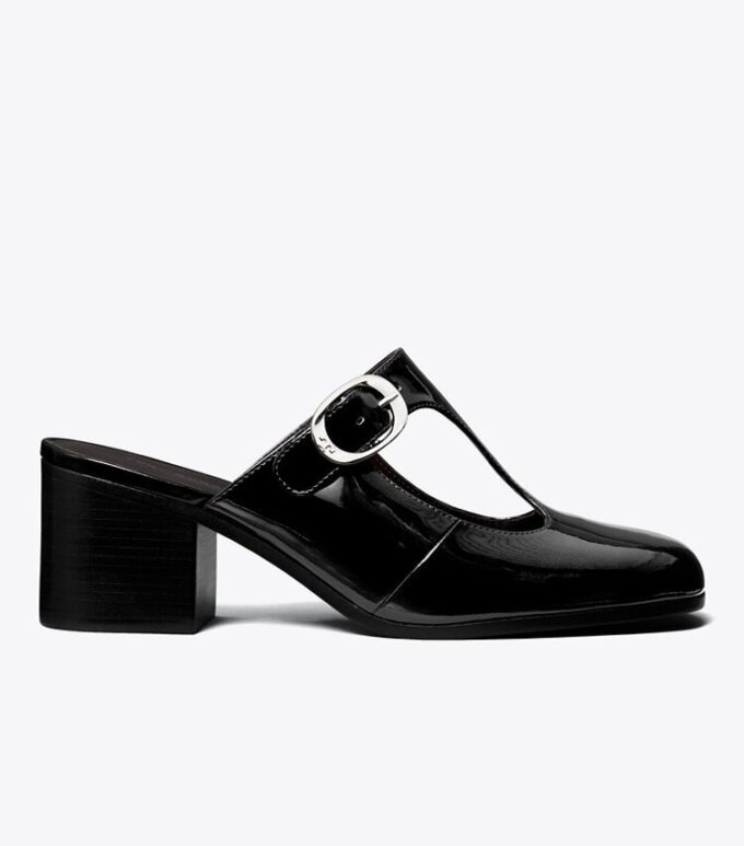 Violett mule med T-rem och klack Violett mule med T-rem och klack