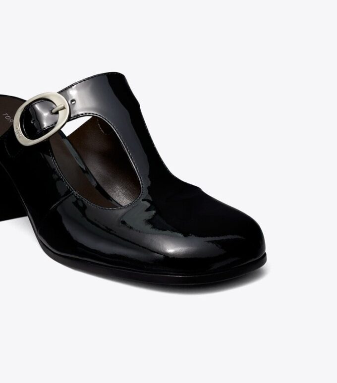 Violett mule med T-rem och klack Violett mule med T-rem och klack